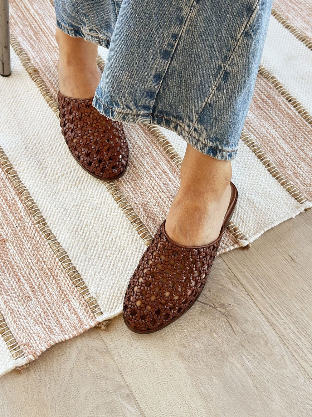 New Woven Leather Slip-On Mules - Brown